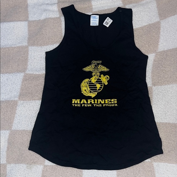 Port and Company Tops - Port and Company Black Tank Top with Yellow Marines Design
